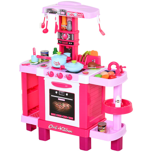 HOMCOM Cocina de Juguete para Niños Mayores de 3 Años con 38 Accesorios Luz Sonido Juegos de Rol Temprano Educativo 78x29x87 cm Rosa