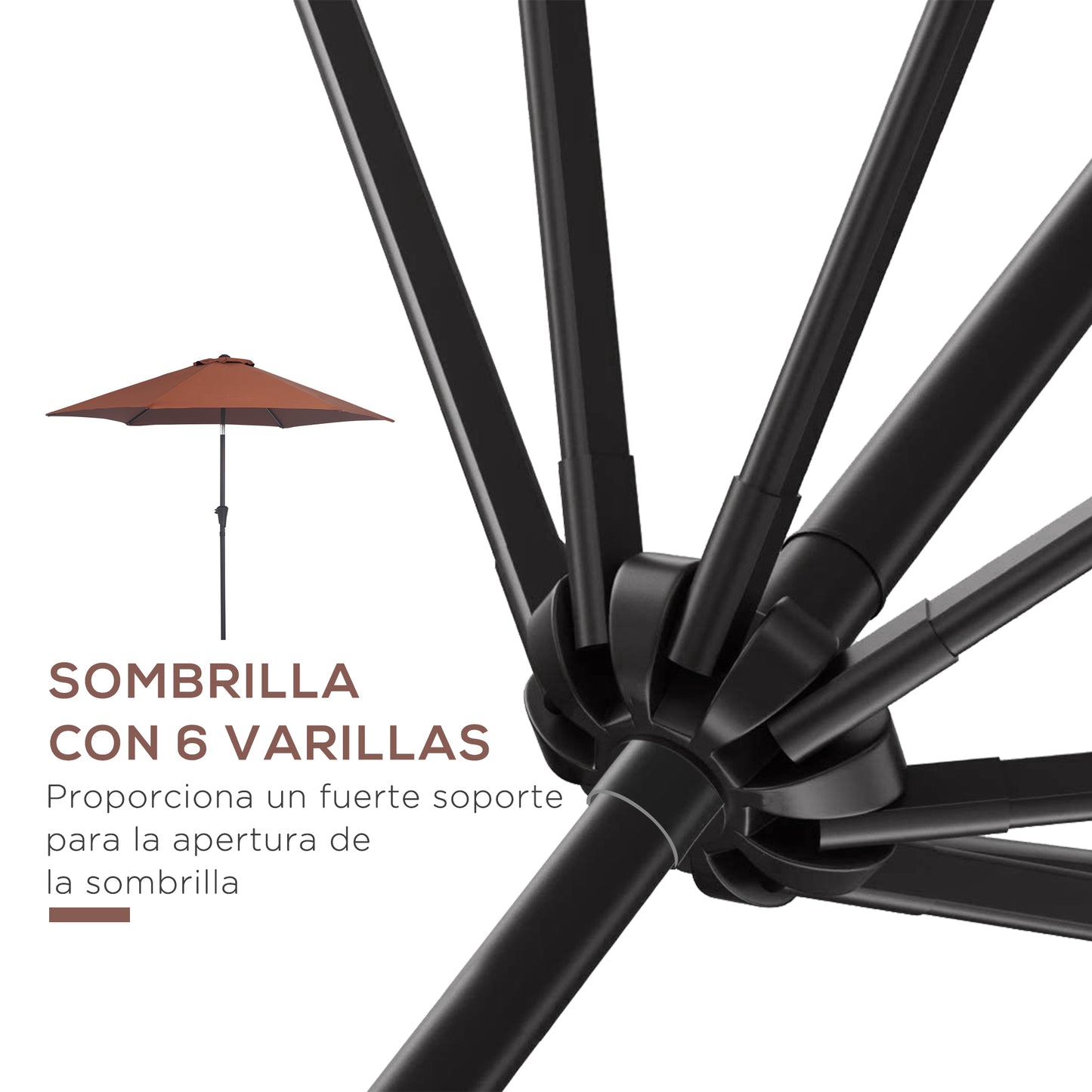 Outsunny Sombrilla para Jardín Ø260x235 cm Parasol de Aluminio Reclinable con Manivela y 6 Varillas de Metal para Terraza Exterior Balcón Café
