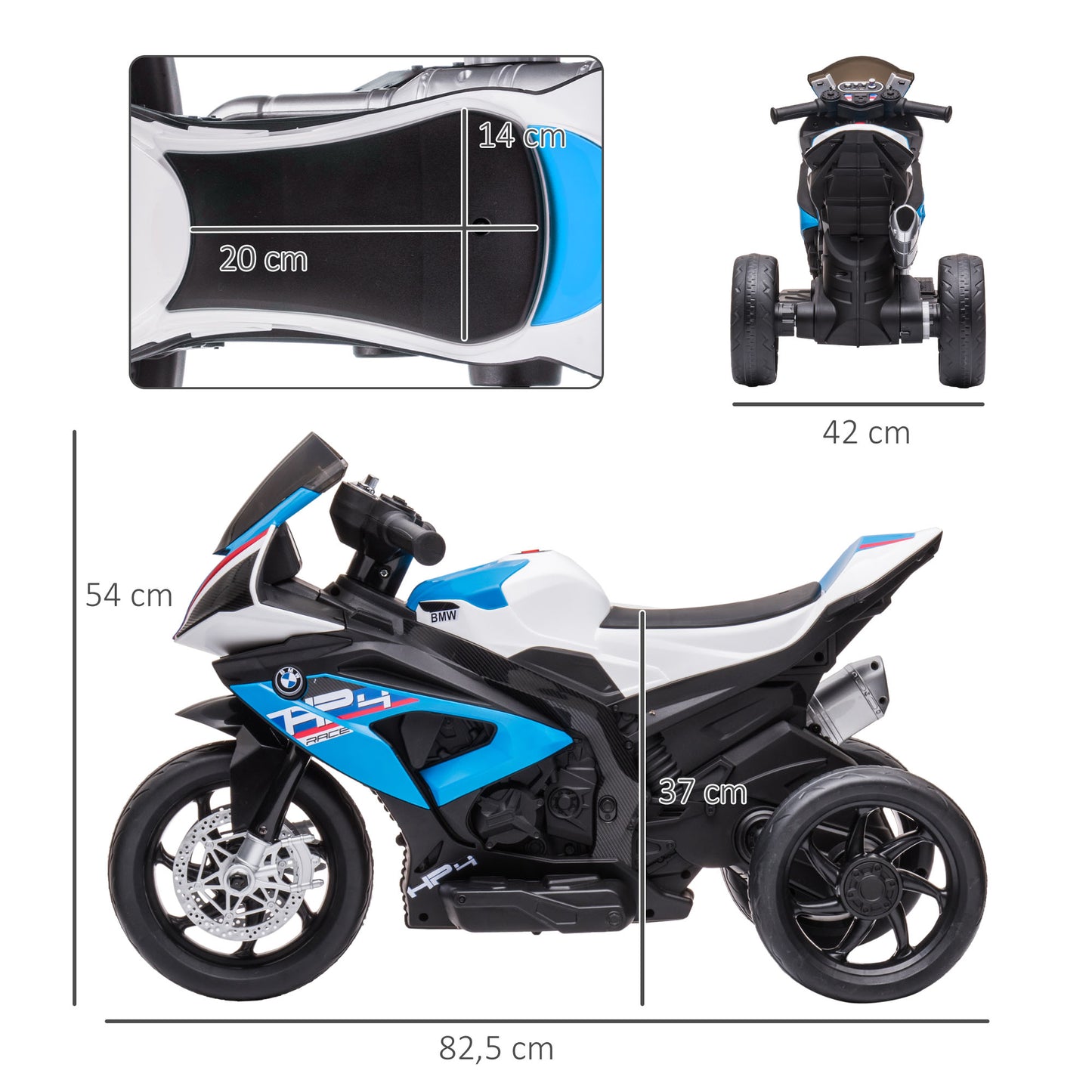 HOMCOM Moto Eléctrica BMW HP4 para Niños de +18 Meses Motocicleta de Batería 6V con Música USB Velocidad 2,5 km/h Avance y Retroceso Carga 30 kg 82,5x42x54 cm Azul