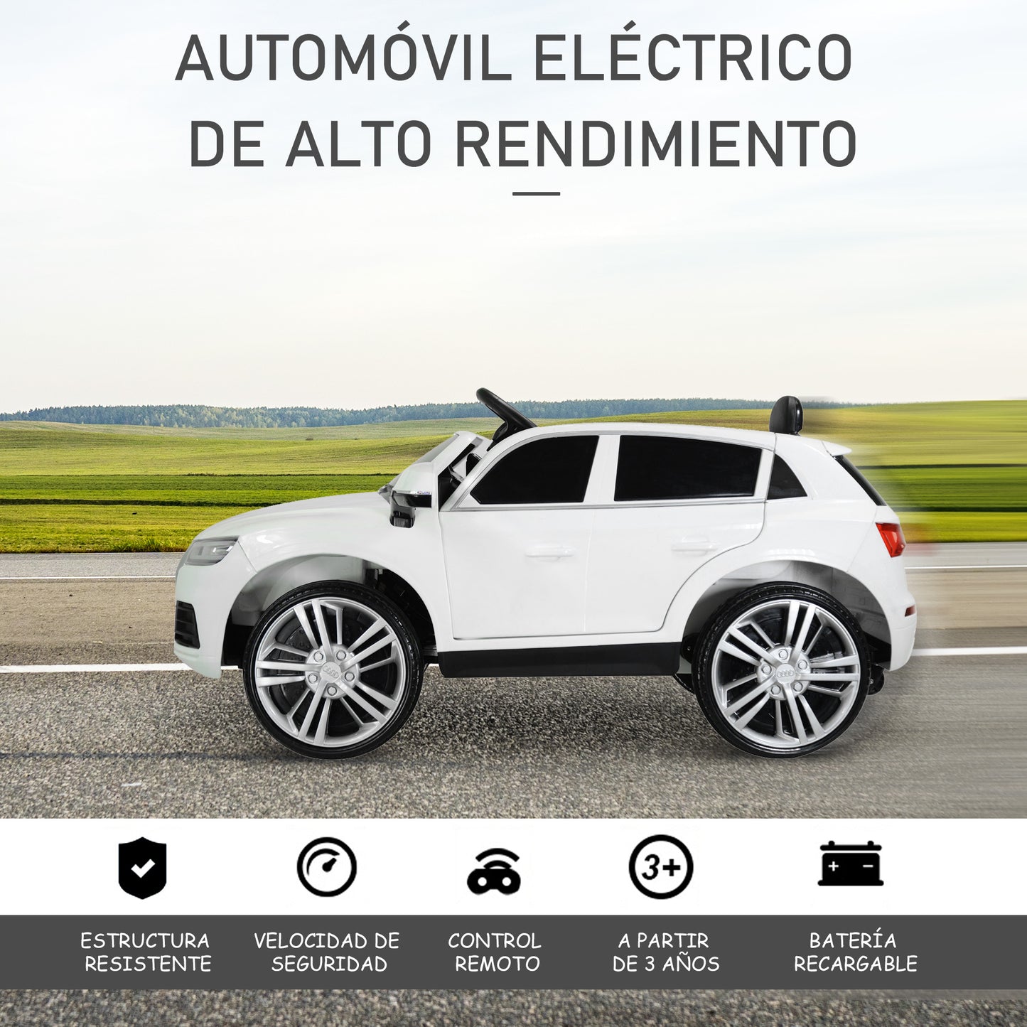 HOMCOM Coche Eléctrico para Niño +3 Años Audi Q5 con Mando a Distancia MP3 Luces y Sonidos Apertura de Puerta y Tirador Carga 30 kg 116x75x56 cm Blanco