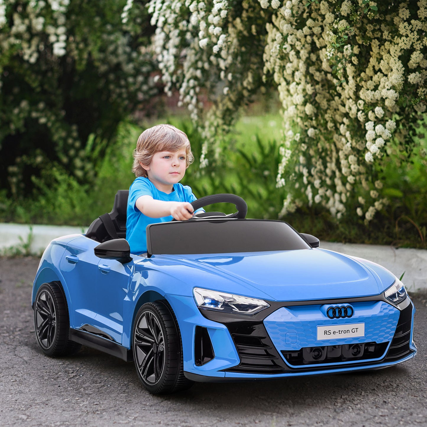 HOMCOM Coche Eléctrico para Niños de +3 Años AUDI RS e-tron GT Coche de Batería 12V con Mando a Distancia Faros LED Bocina Música USB y Apertura de Puerta 3-5 km/h Azul