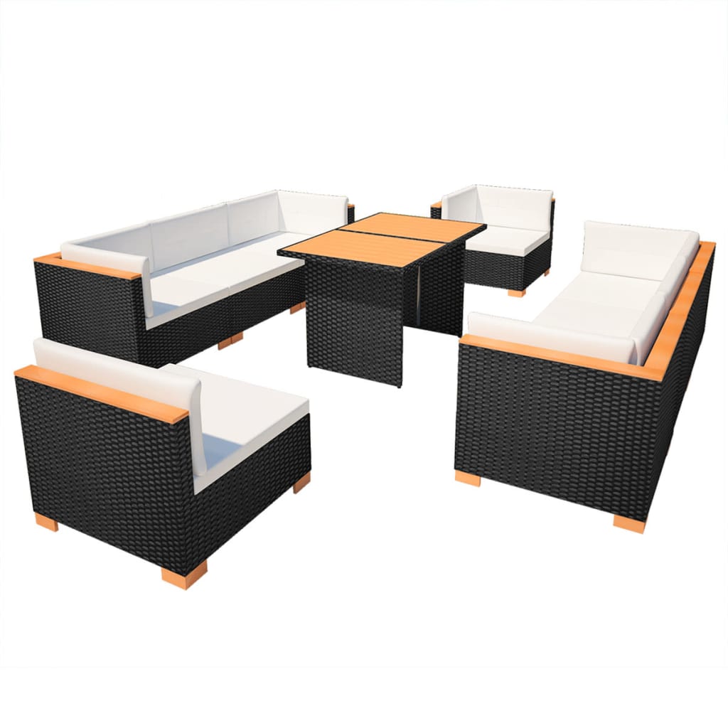 vidaXL Set muebles de jardín 10 piezas y cojines ratán sintético negro