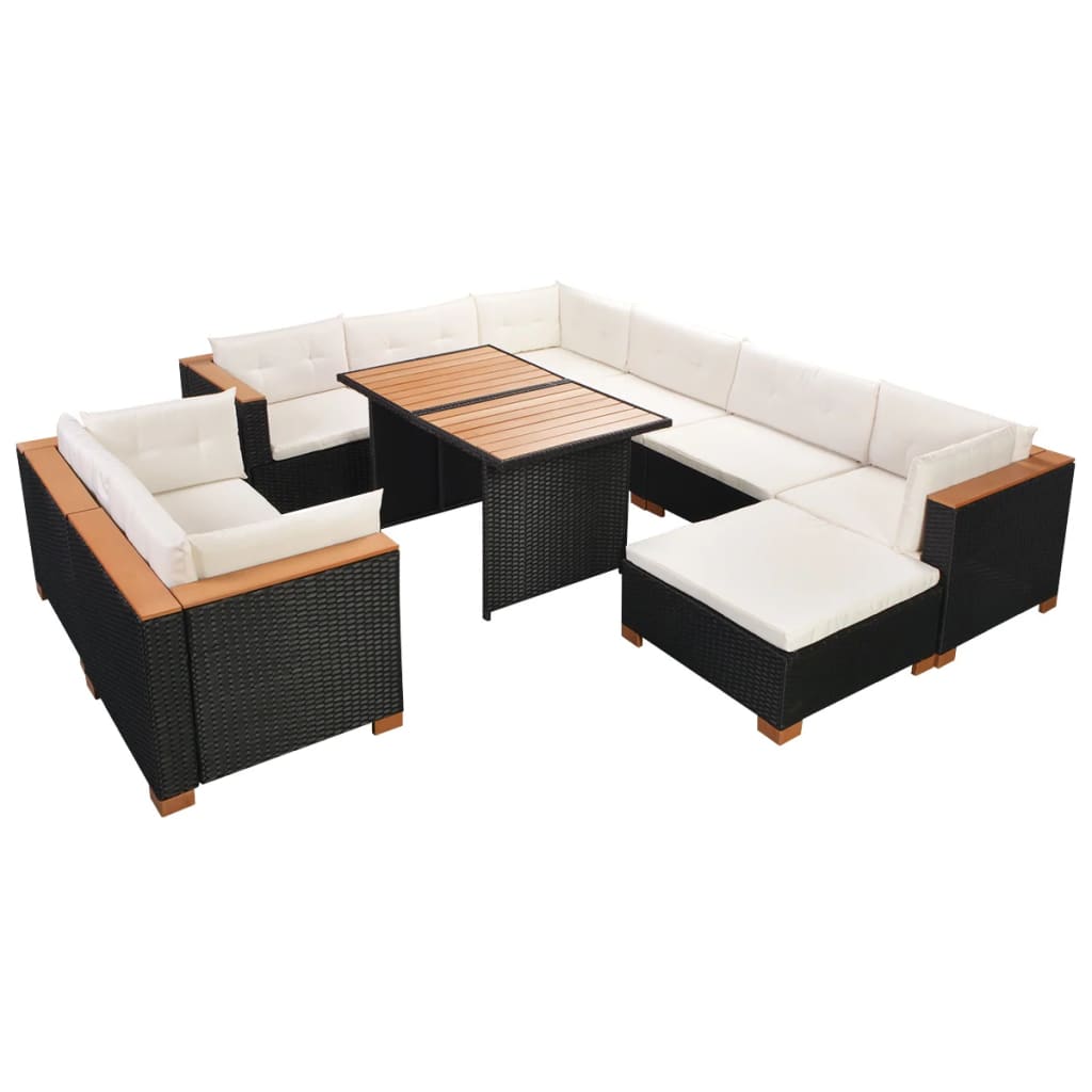 vidaXL Set muebles de jardín 10 piezas y cojines ratán sintético negro