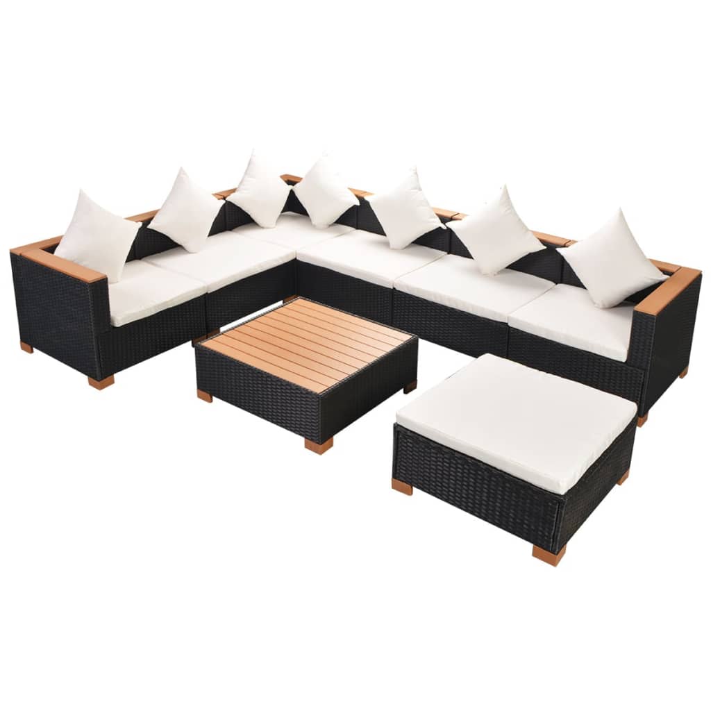 vidaXL Set muebles de jardín 8 piezas y cojines ratán sintético negro