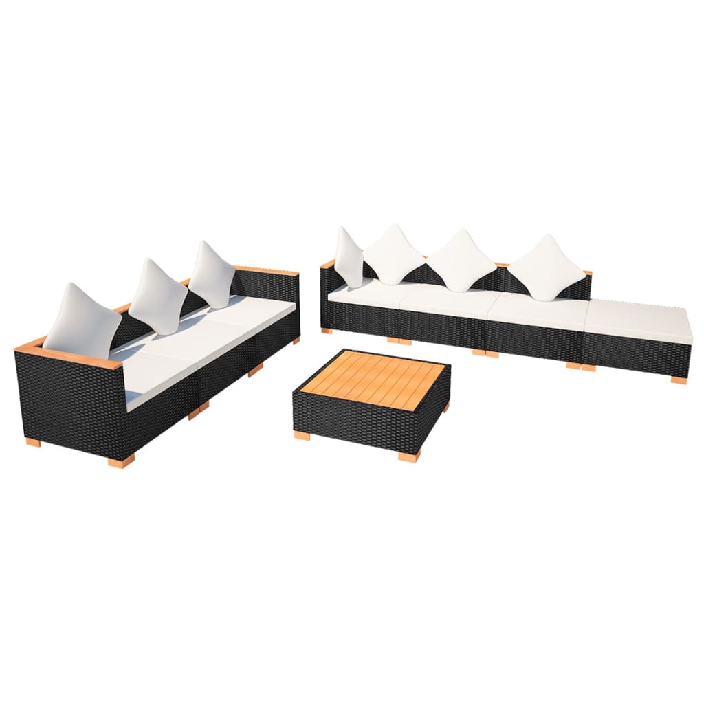 vidaXL Set muebles de jardín 8 piezas y cojines ratán sintético negro