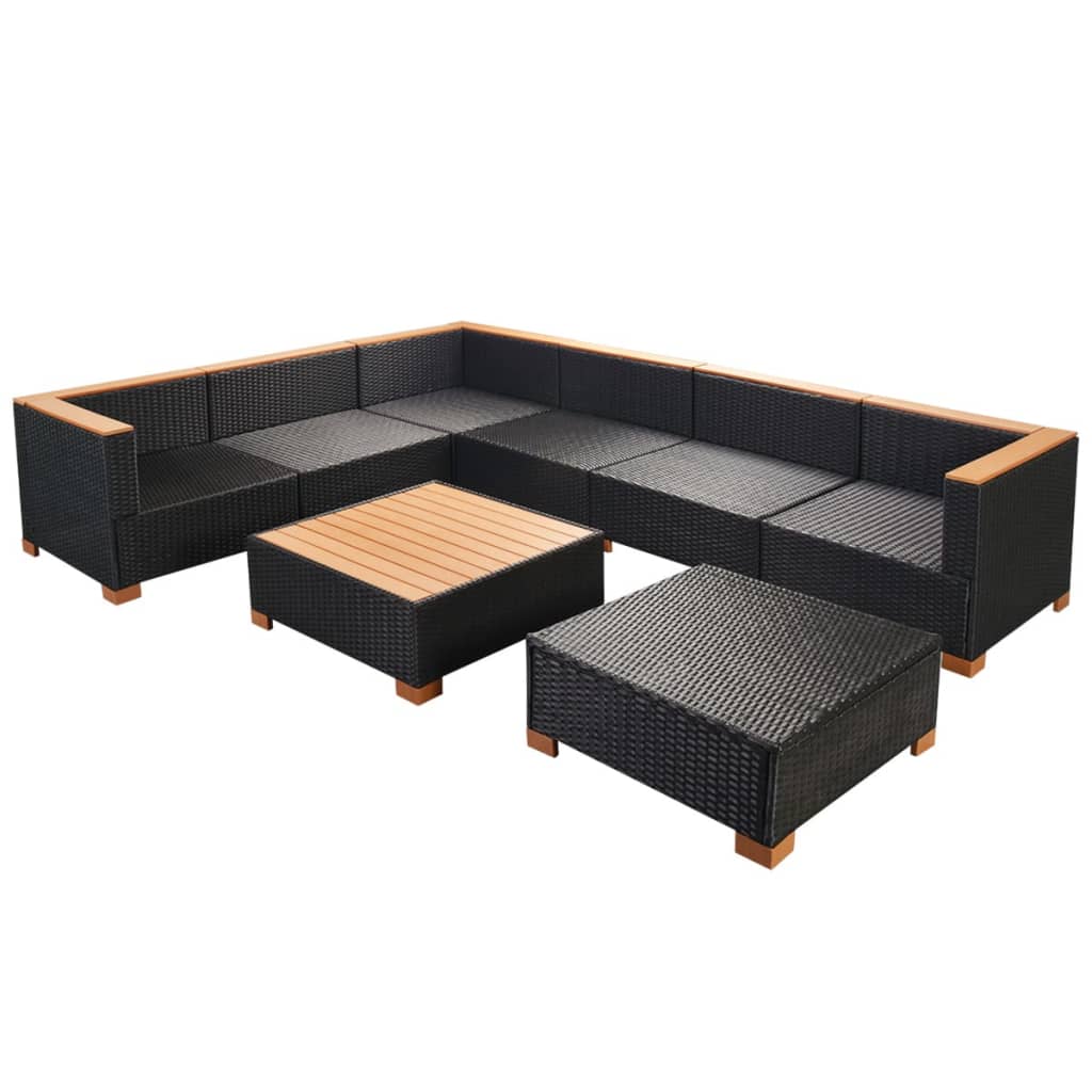 vidaXL Set muebles de jardín 8 piezas y cojines ratán sintético negro