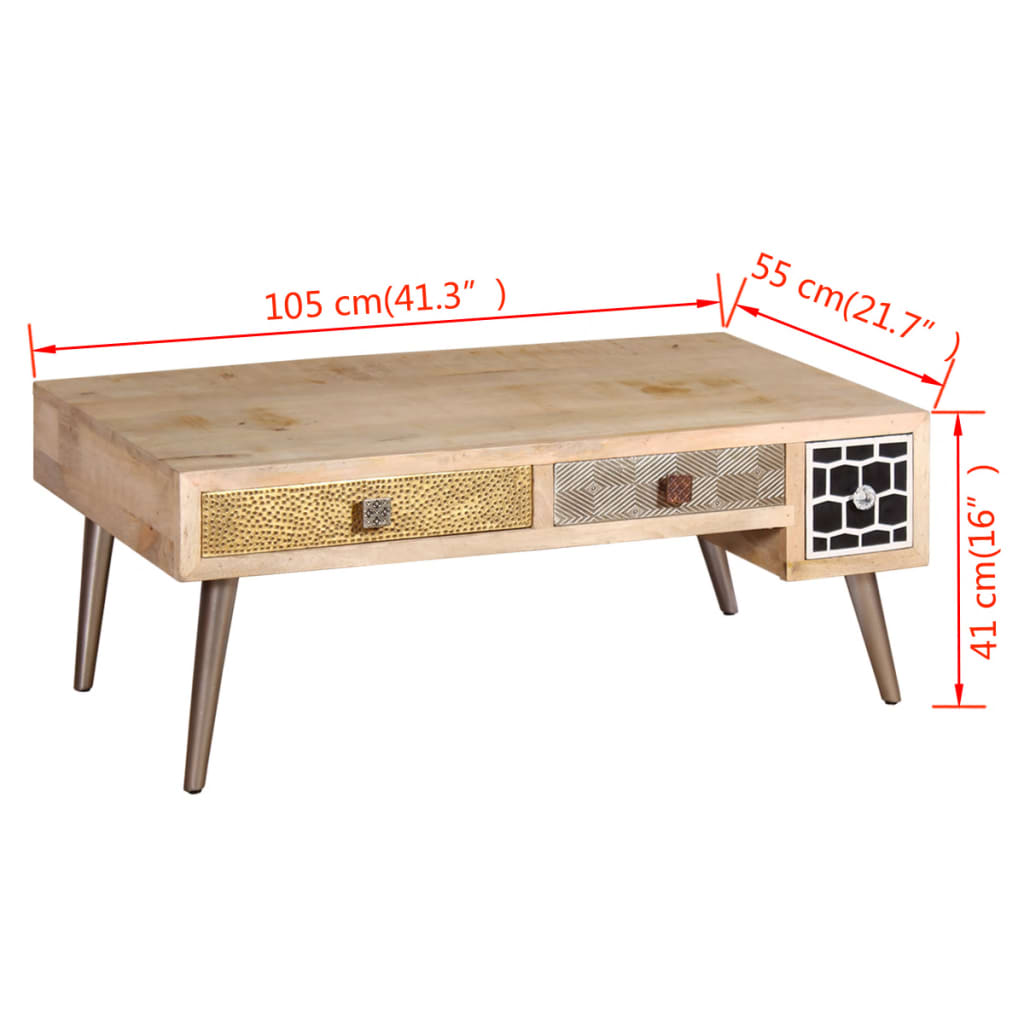 vidaXL Mesa de centro con cajones madera maciza de mango 105x55x41 cm