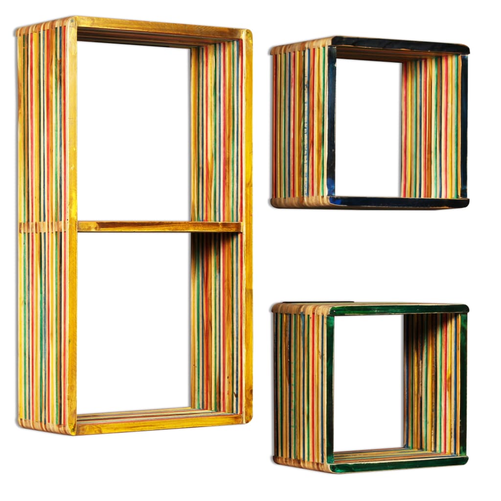 vidaXL Set estantería de pared 3 uds teca maciza reciclada multicolor