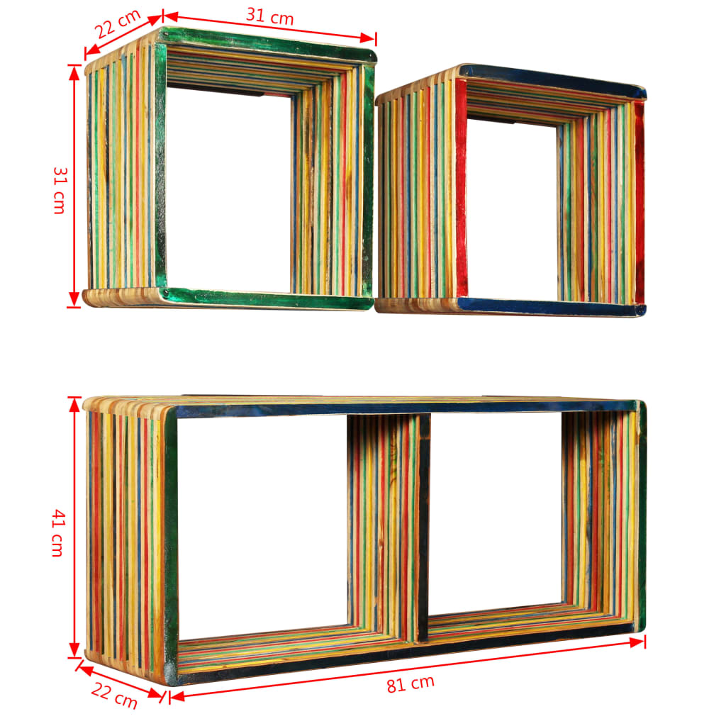 vidaXL Set estantería de pared 3 uds teca maciza reciclada multicolor