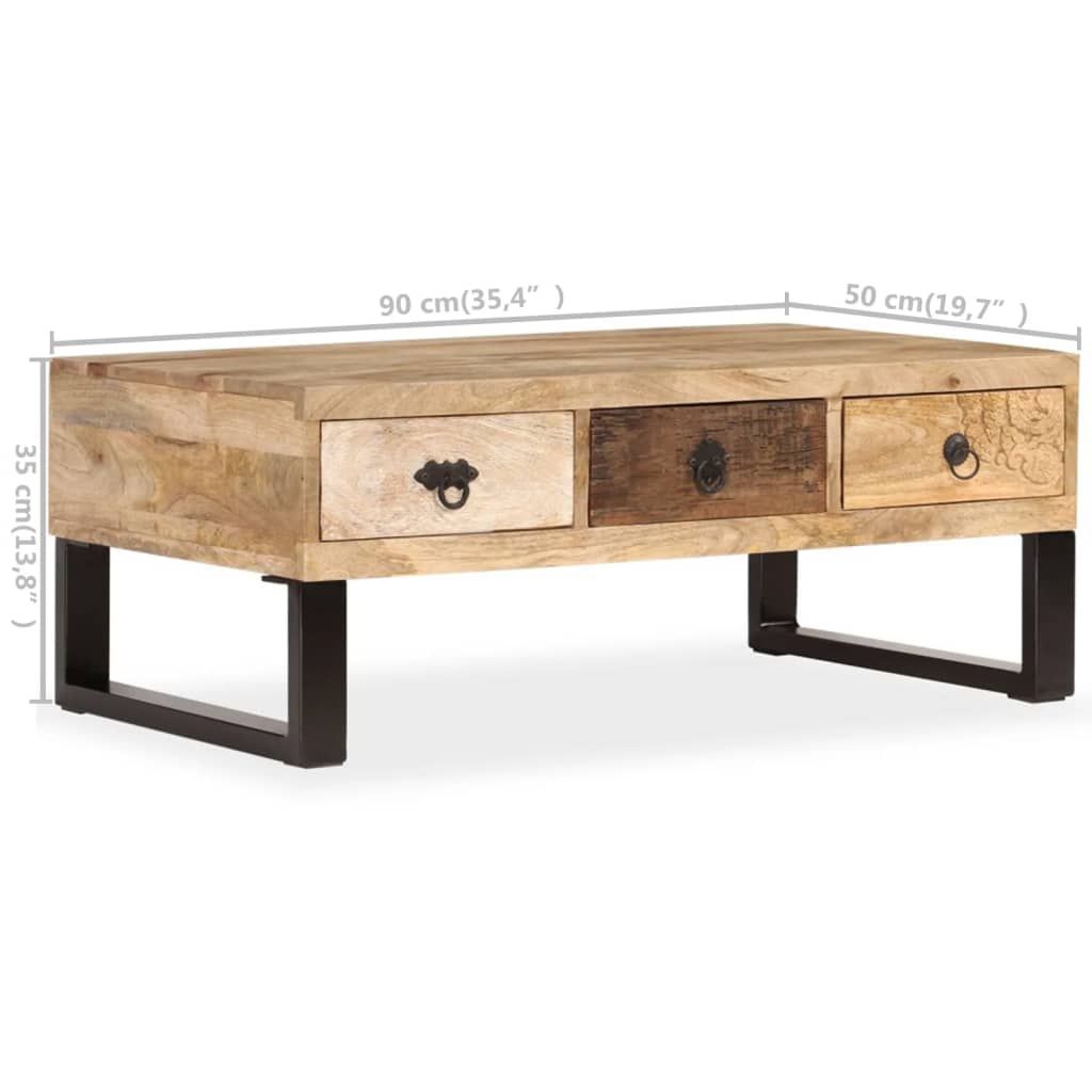 vidaXL Mesa de centro con 3 cajones madera maciza de mango 90x50x35 cm