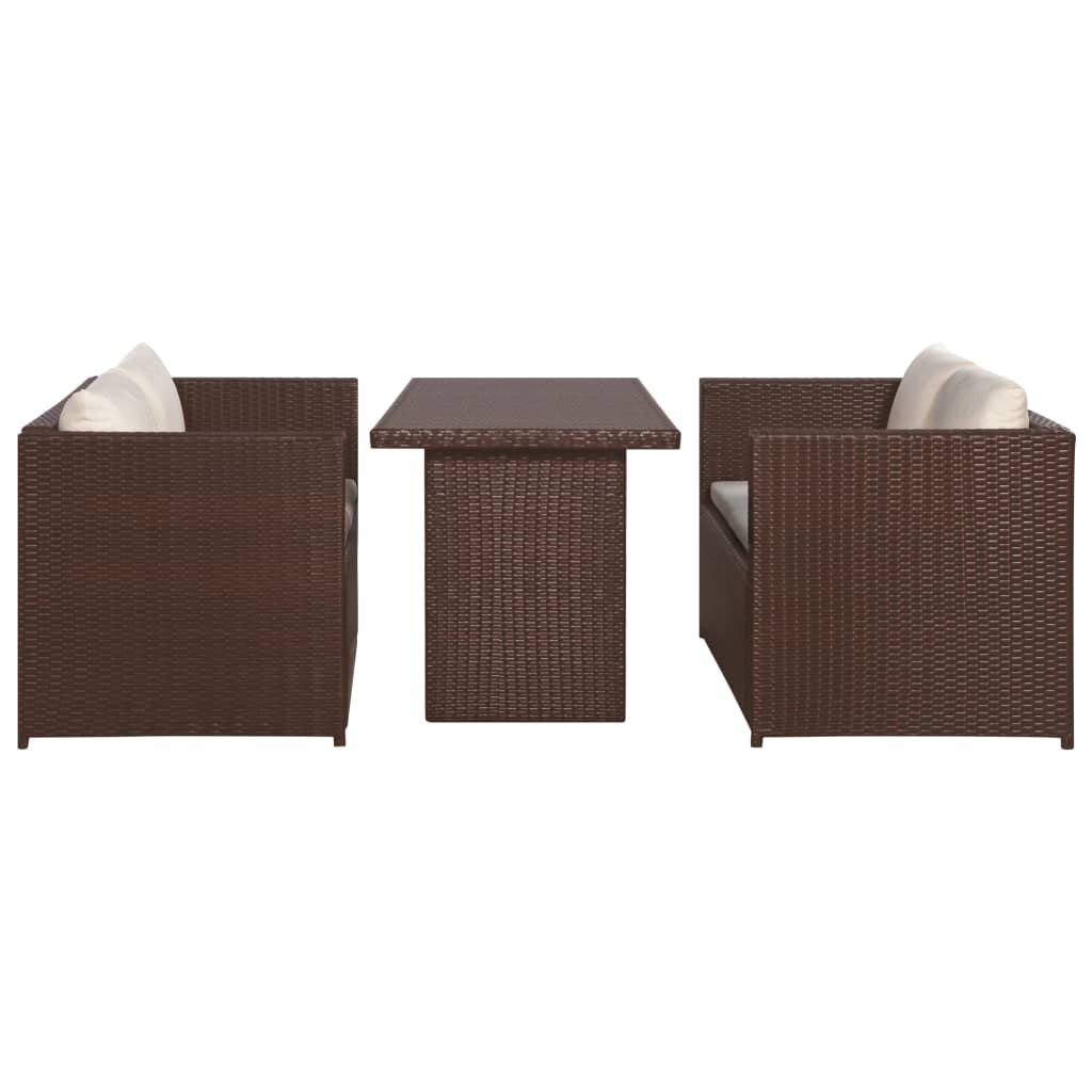 vidaXL Set muebles de jardín 3 pzas con cojines ratán sintético marrón