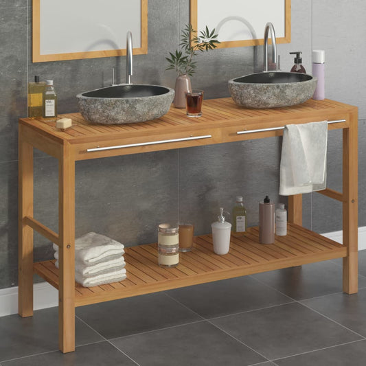 vidaXL Mueble tocador madera teca maciza con lavabos de piedra de río