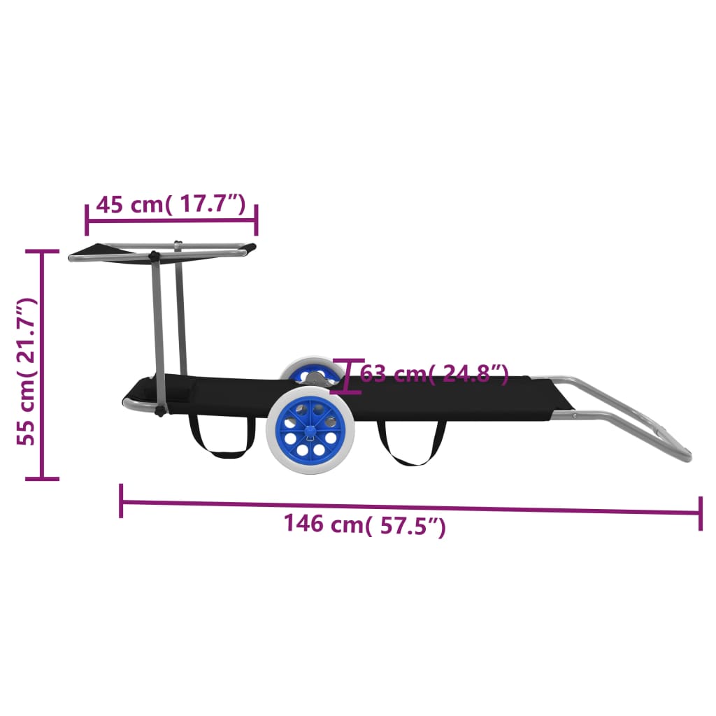 vidaXL Tumbona plegable con toldo y ruedas acero negra