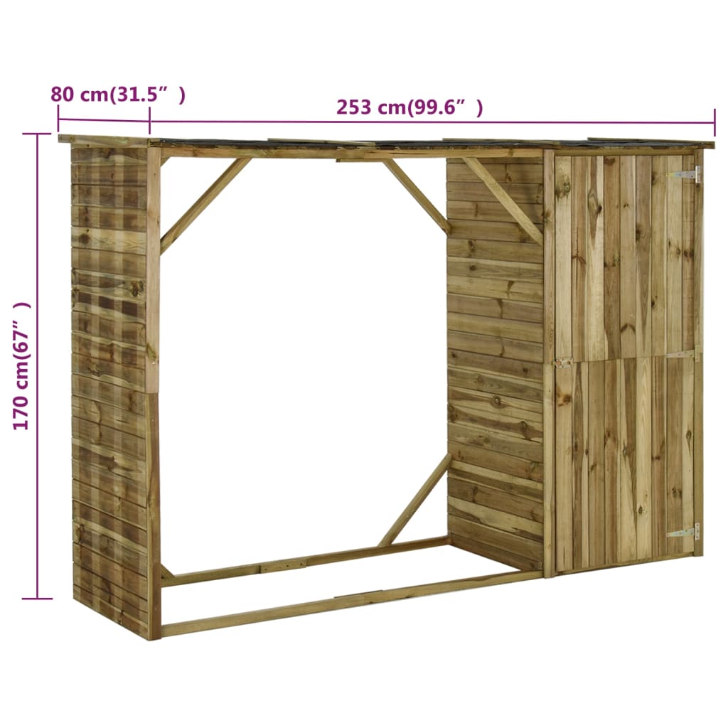 vidaXL Caseta leña y herramientas jardín madera pino 253x80x170 cm