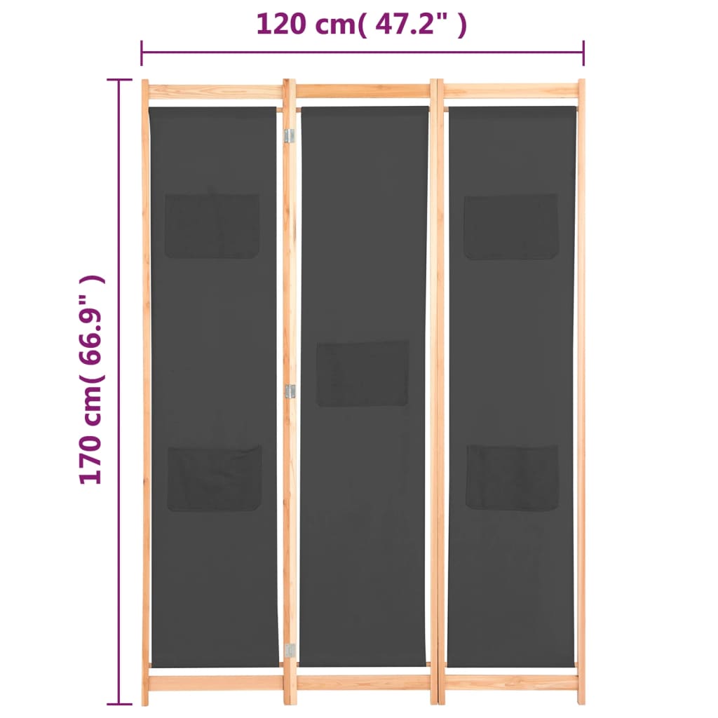 vidaXL Biombo divisor de 3 paneles de tela gris 120x170x4 cm