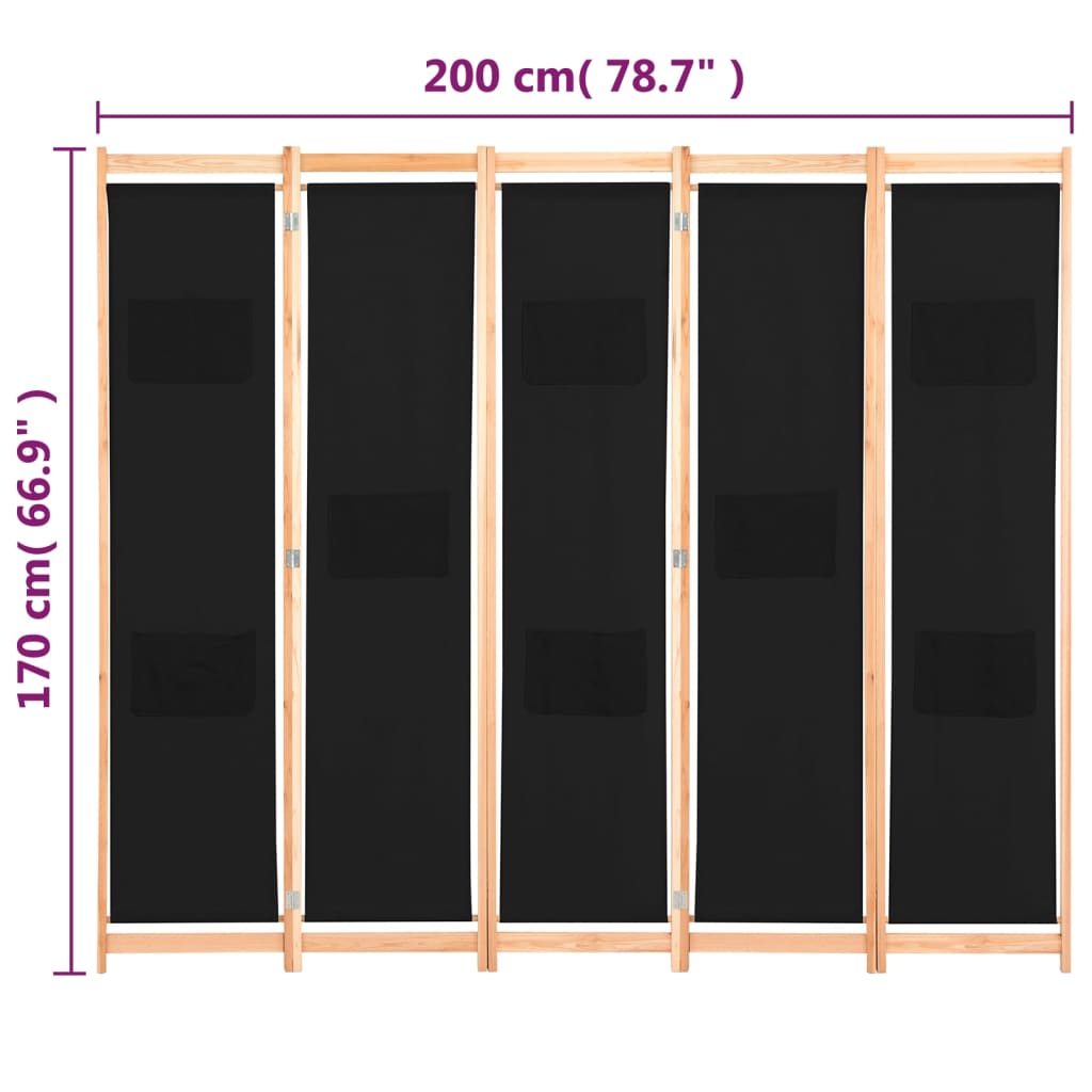 vidaXL Biombo divisor de 5 paneles de tela negro 200x170x4 cm