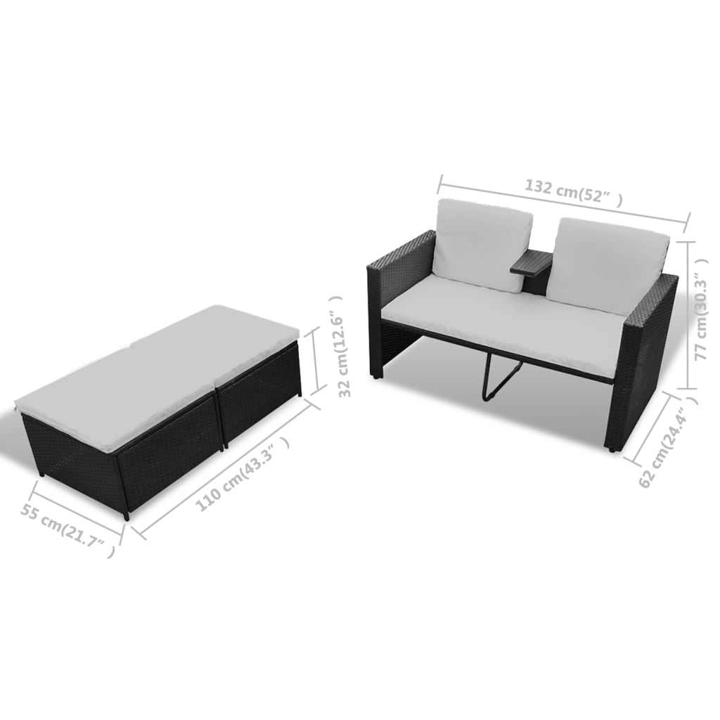 vidaXL Set muebles de jardín 4 piezas y cojines ratán sintético negro