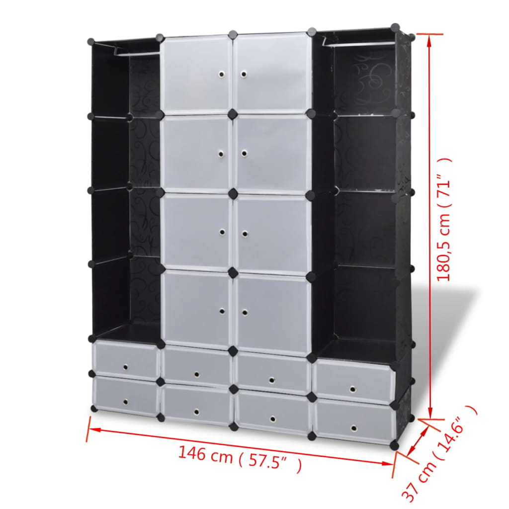 vidaXl Armario modular 18 compartimentos negro y blanco 37x146x180,5cm