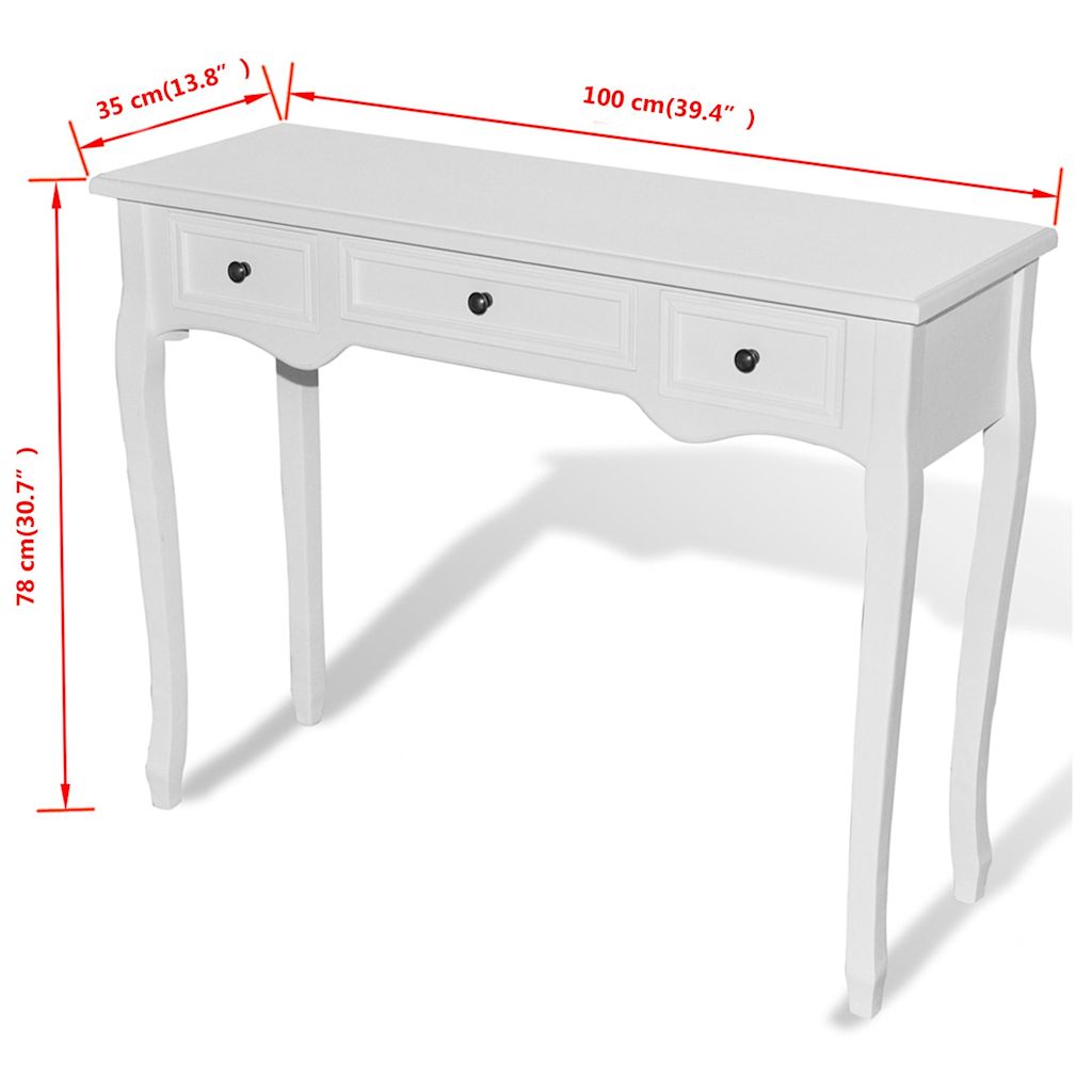 vidaXL Mesa consola tocador con tres cajones blancos