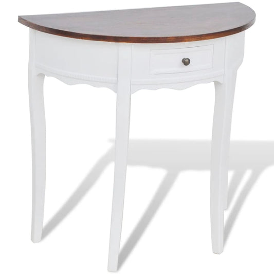 vidaXL Mesa consola semicircular con cajón blanca y superficie marrón