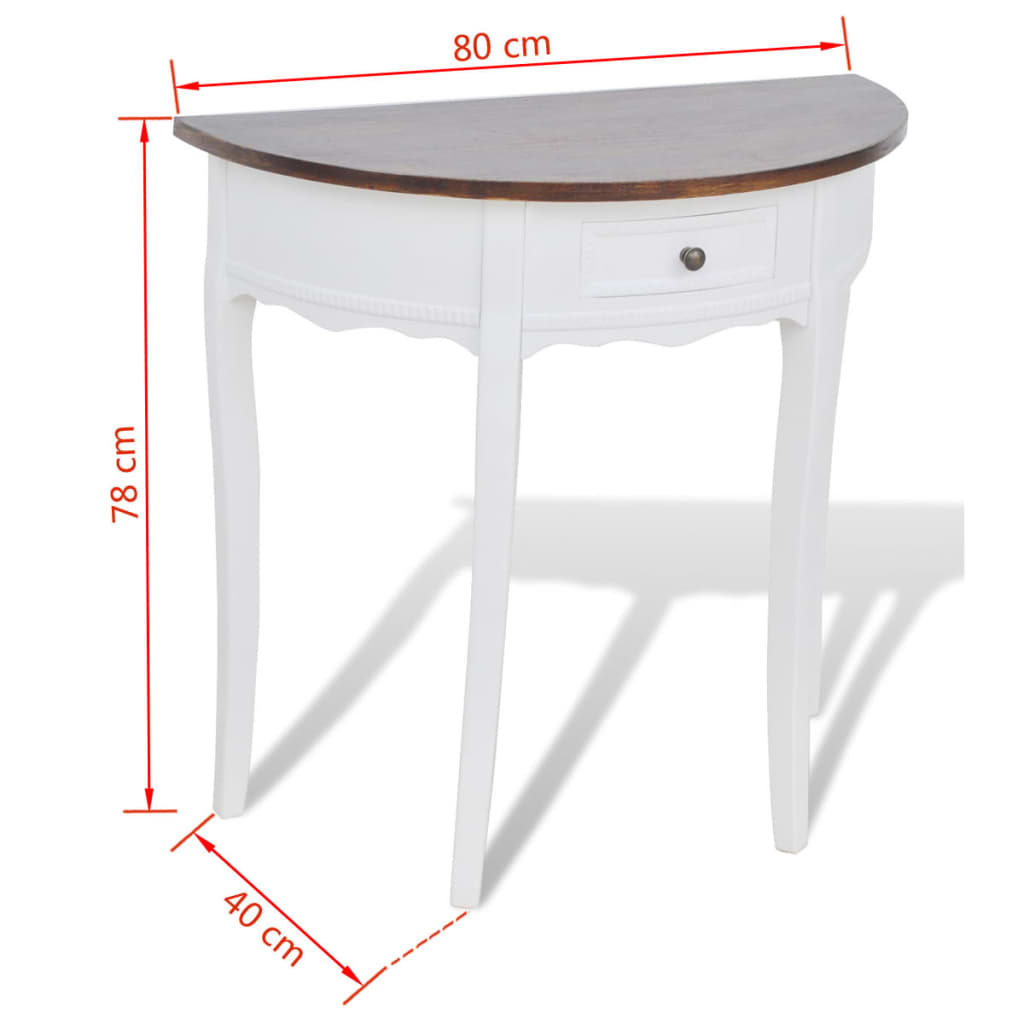 vidaXL Mesa consola semicircular con cajón blanca y superficie marrón