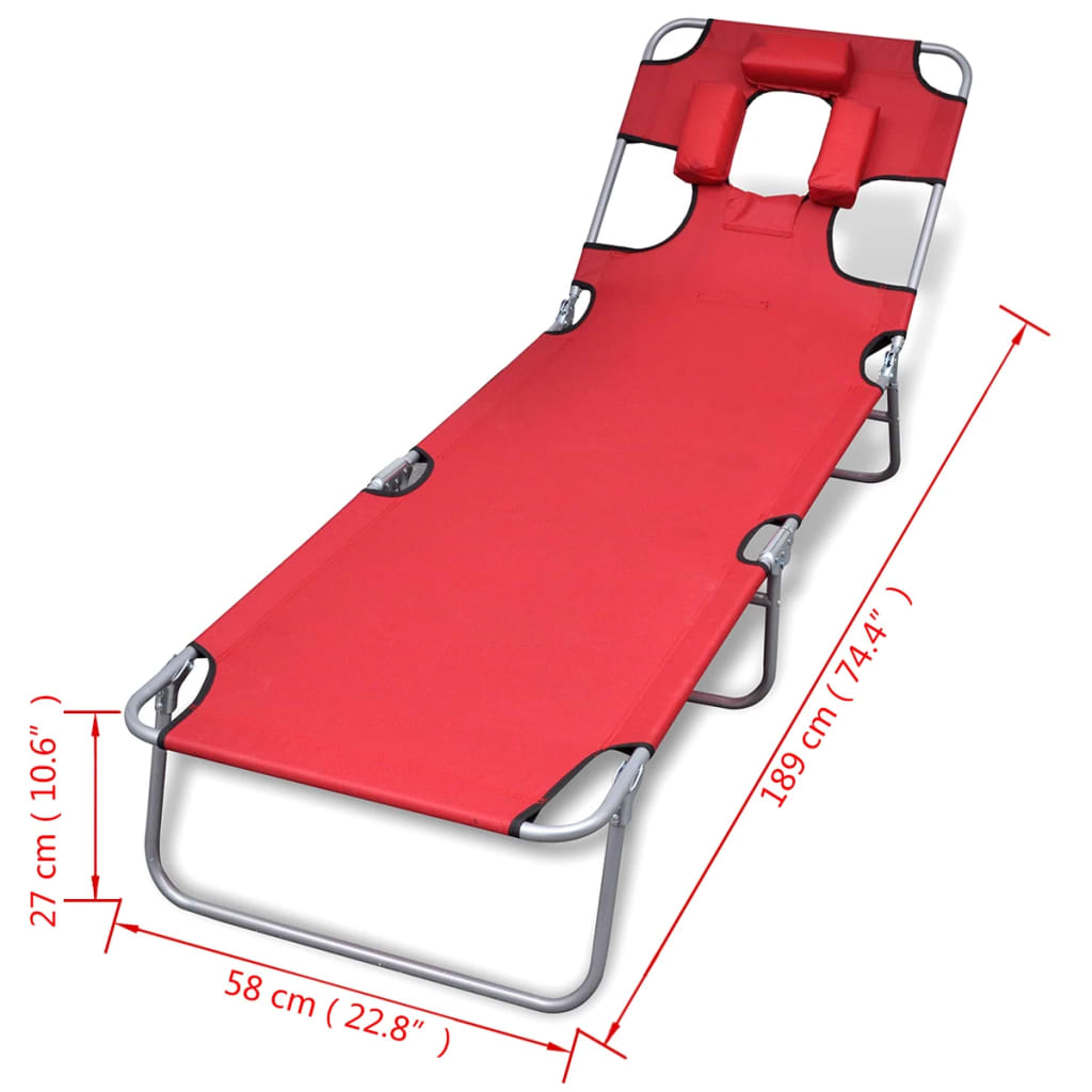 vidaXL Tumbona plegable de acero con cojín de cabeza acero roja