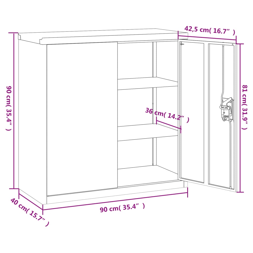 vidaXL Armario de oficina 2 puertas 90 cm acero gris