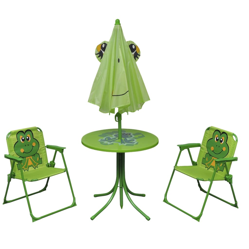 vidaXL Set mesa y sillas de jardín infantil 3 pzas con sombrilla verde