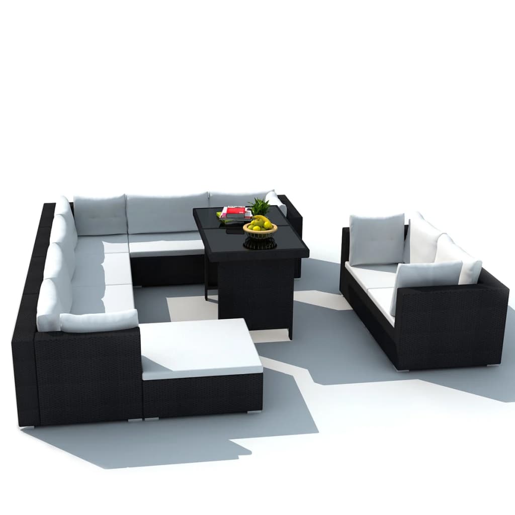 vidaXL Set muebles de jardín 10 piezas y cojines ratán sintético negro