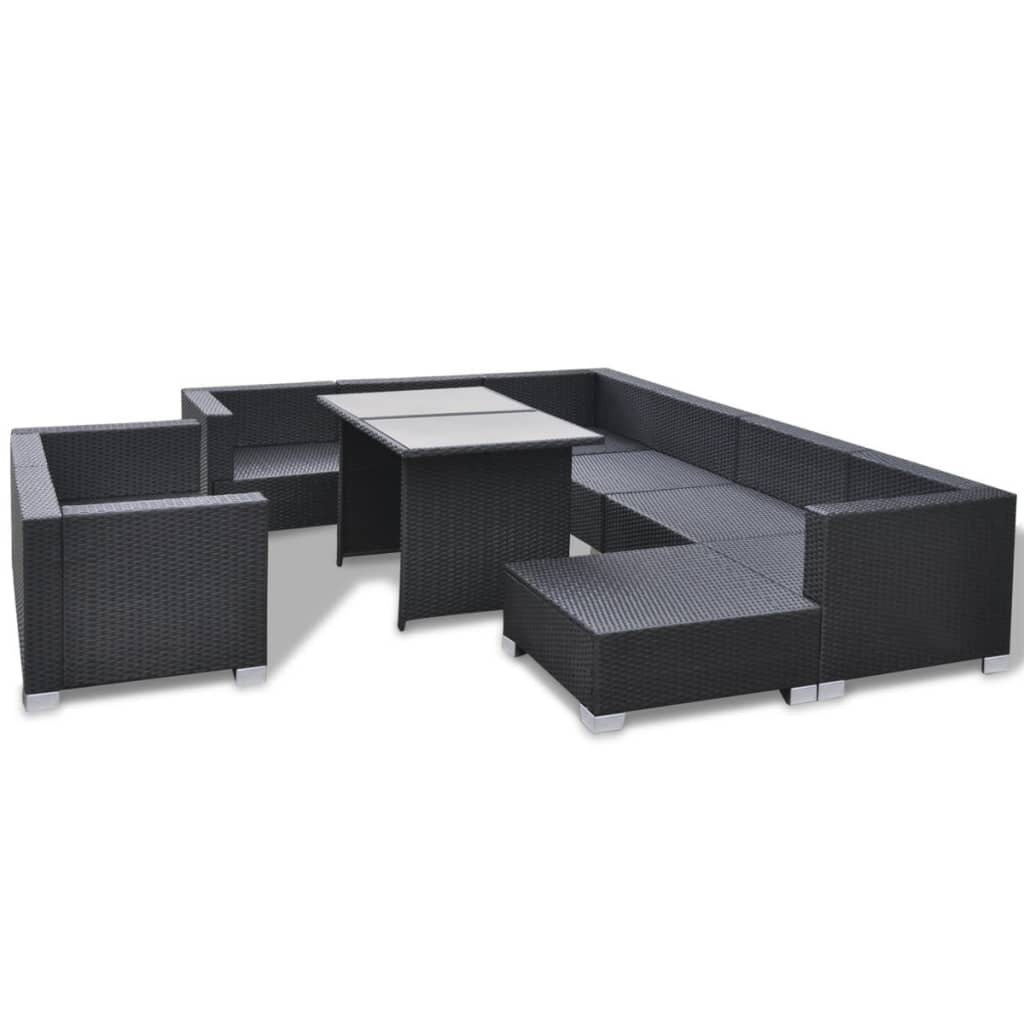 vidaXL Set muebles de jardín 10 piezas y cojines ratán sintético negro