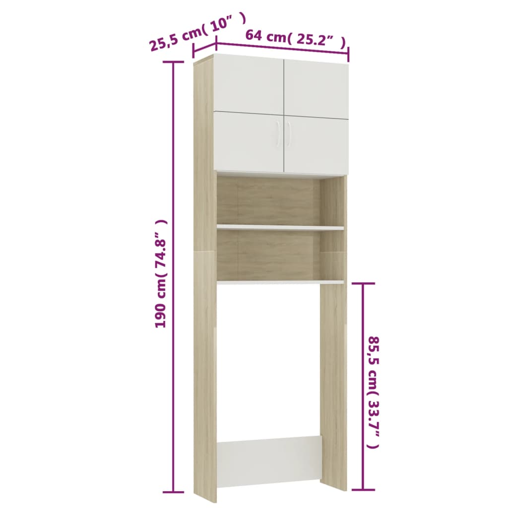 vidaXL Armario para lavadora blanco y roble Sonoma 64x25,5x190 cm