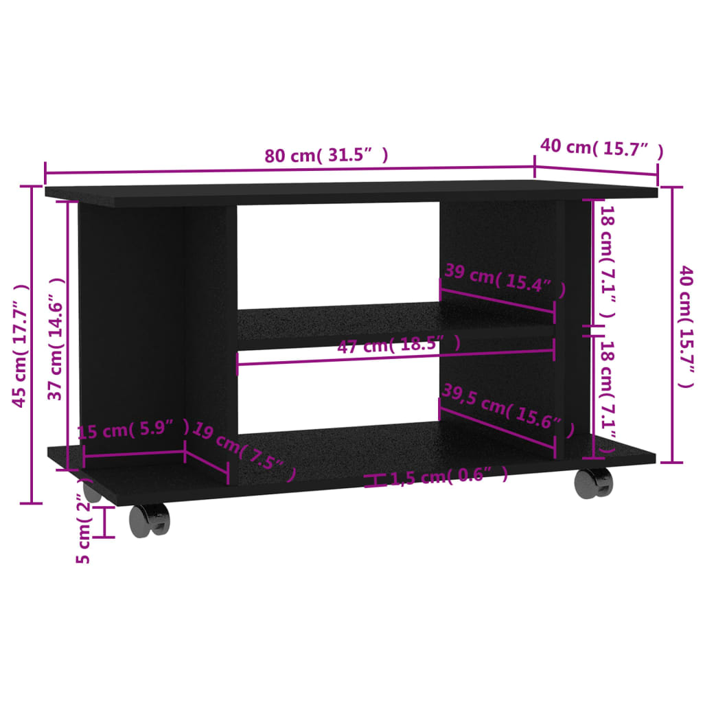 vidaXL Mueble de TV con ruedas madera de ingeniería negro 80x40x45 cm