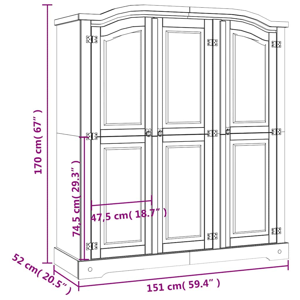 vidaXL Armario madera de pino Mexicano estilo Corona gris 3 puertas