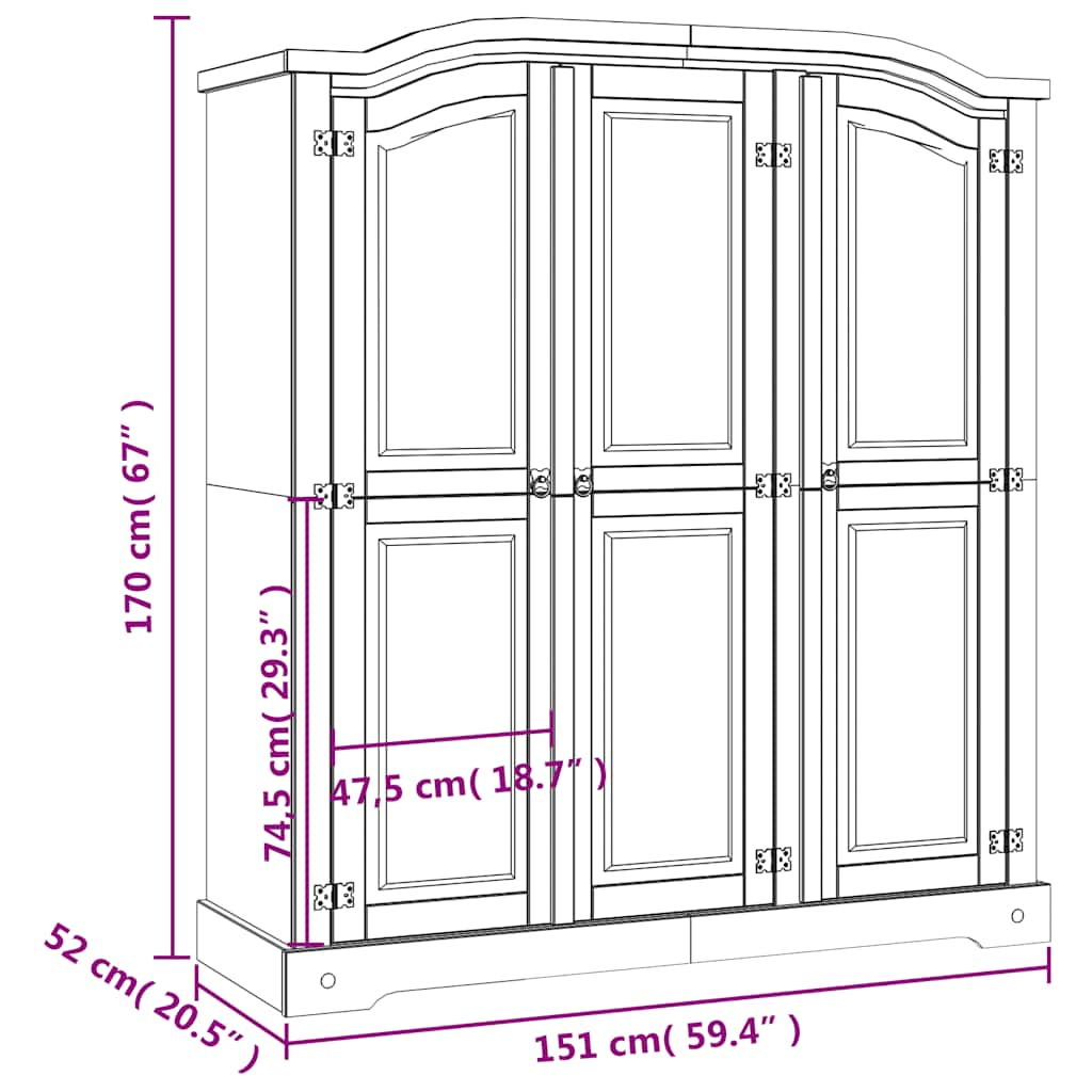 vidaXL Armario madera de pino Mexicano estilo Corona blanco 3 puertas