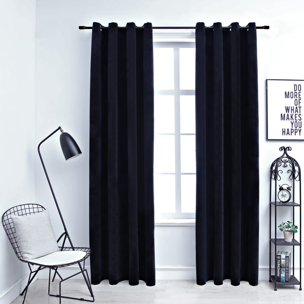 vidaXL Cortinas opacas con anillas 2 pzas terciopelo negro 140x225 cm