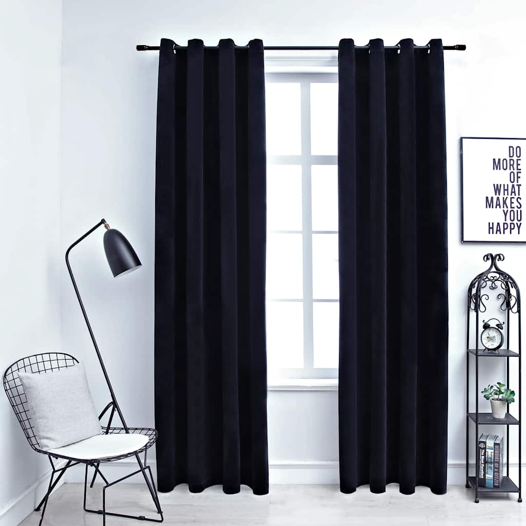 vidaXL Cortinas opacas con anillas 2 pzas terciopelo negro 140x225 cm