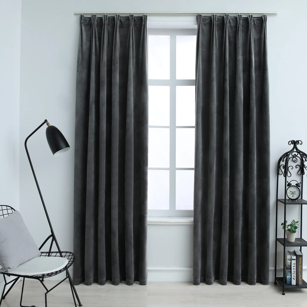 vidaXL Cortinas opacas y ganchos 2 pzas terciopelo antracita 140x175cm