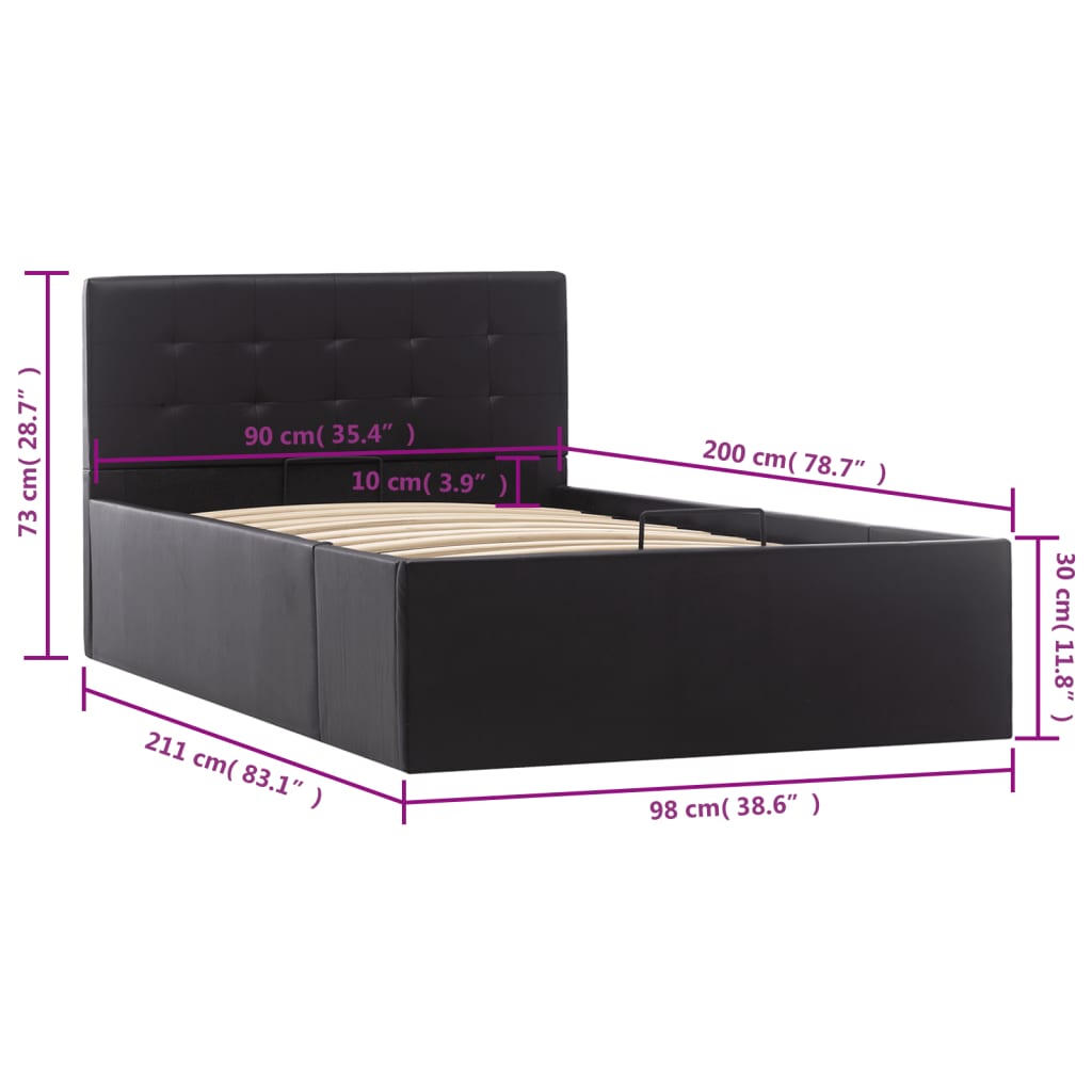 vidaXL Cama canapé hidráulica cuero sintético negro 90x200 cm