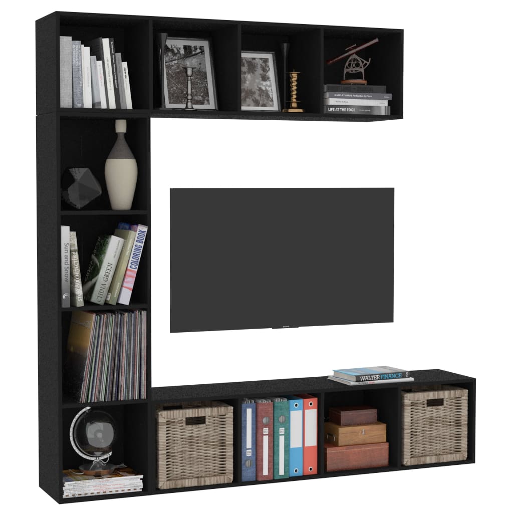 vidaXL Mueble de TV y librería 3 piezas negro 180x30x180 cm