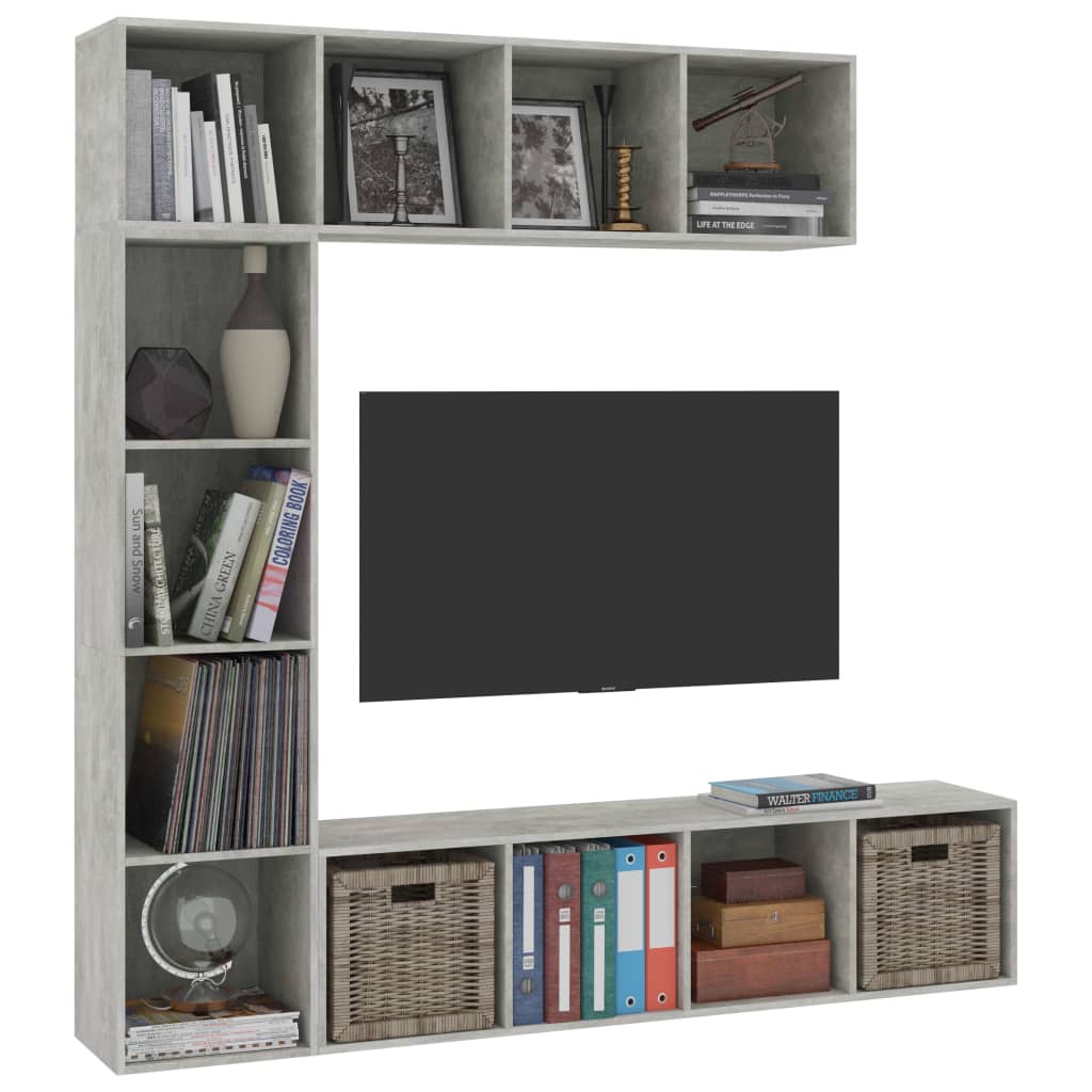 vidaXL Mueble de TV y librería 3 piezas gris hormigón 180x30x180 cm