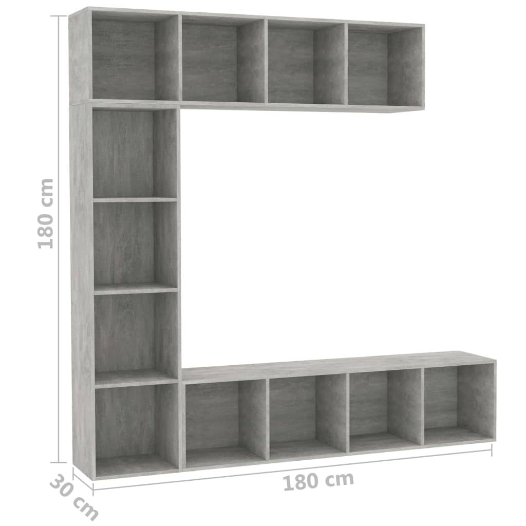 vidaXL Mueble de TV y librería 3 piezas gris hormigón 180x30x180 cm