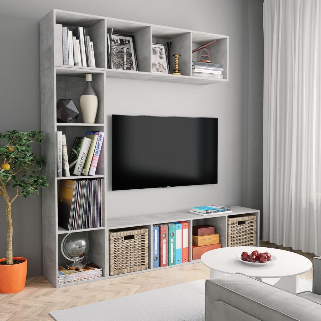 vidaXL Mueble de TV y librería 3 piezas gris hormigón 180x30x180 cm