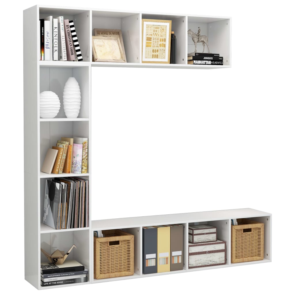 vidaXL Mueble de TV y librería 3 piezas blanco brillo 180x30x180 cm