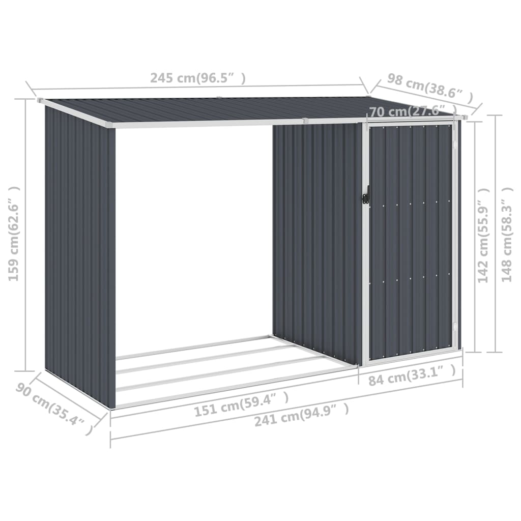 vidaXL Cobertizo jardín leña antracita acero galvanizado 245x98x159cm