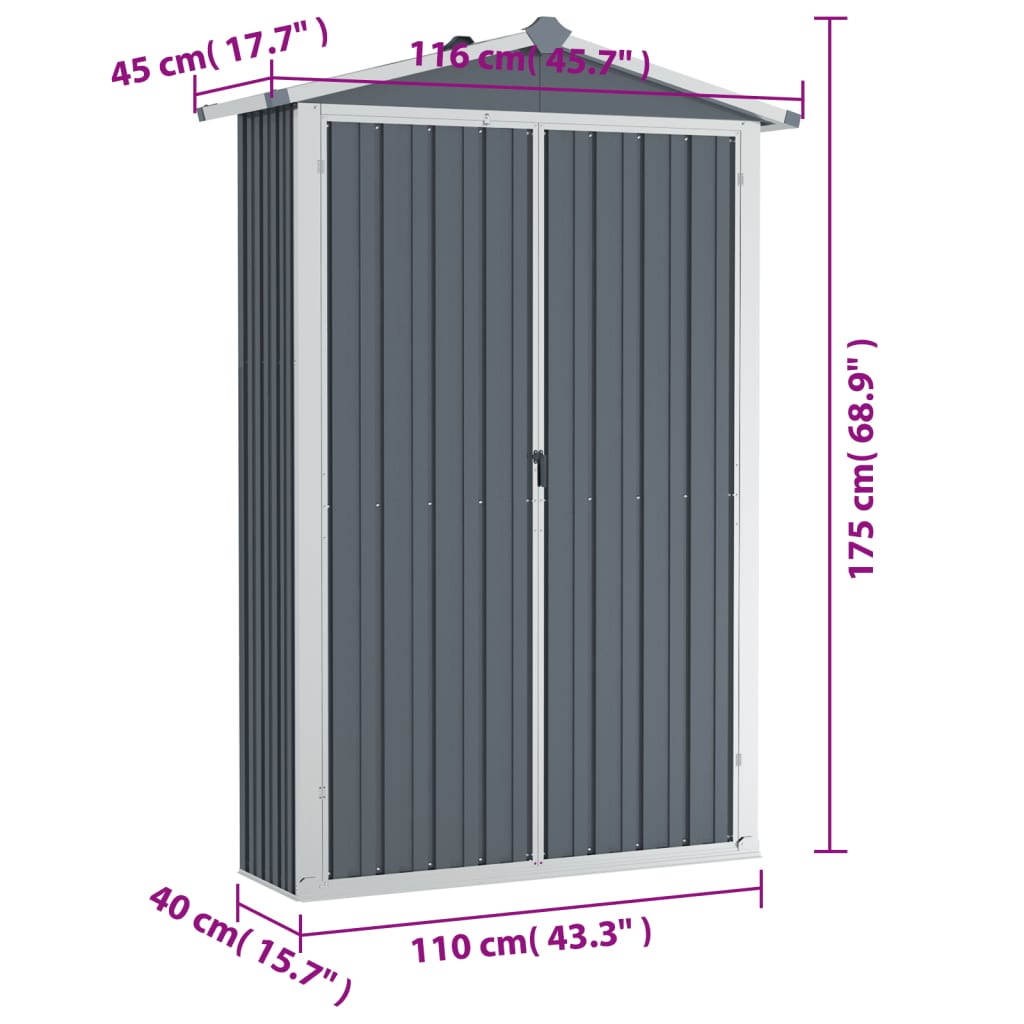 vidaXL Cobertizo de jardín acero galvanizado gris 116x45x175 cm