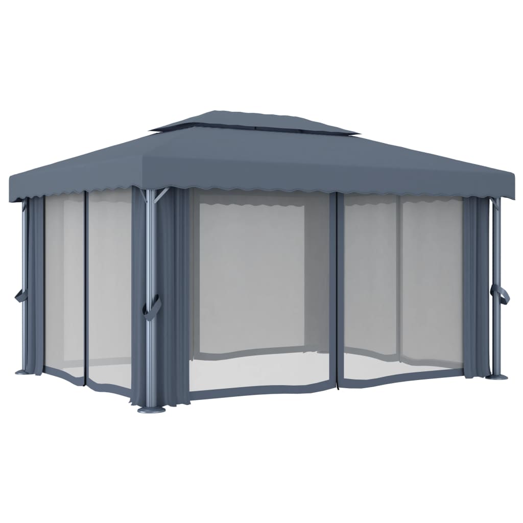 vidaXL Cenador con cortina gris antracita aluminio 4x3 m