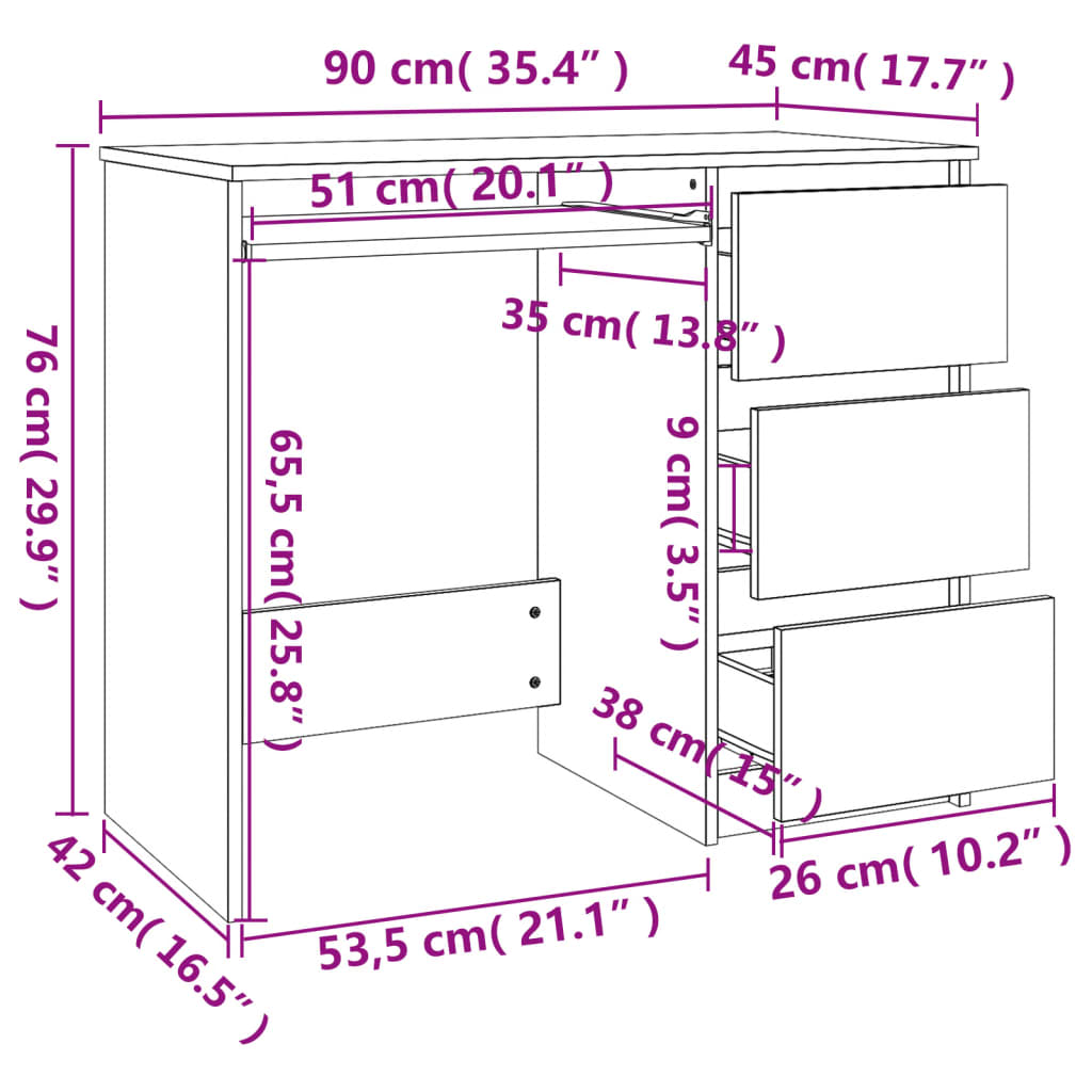 vidaXL Escritorio de madera contrachapada blanco brillo 90x45x76 cm