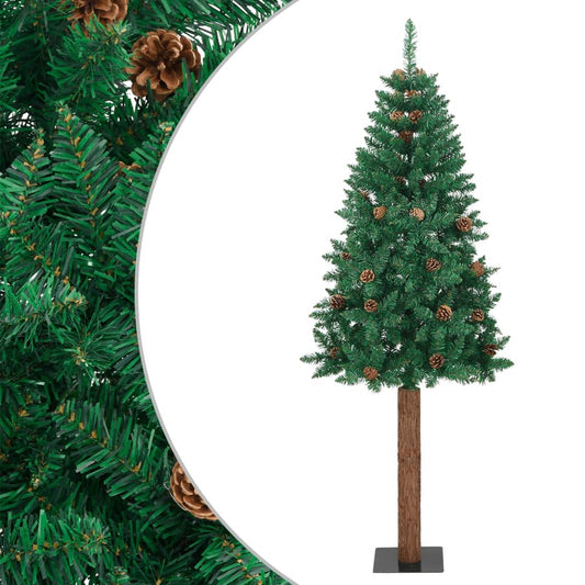 vidaXL Árbol de Navidad delgado madera auténtica y piñas PVC 210 cm