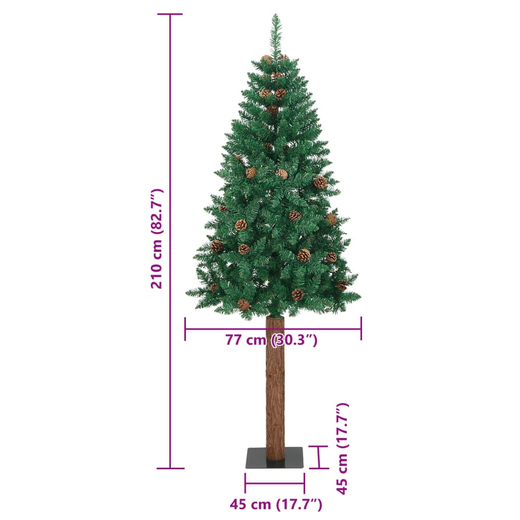 vidaXL Árbol de Navidad delgado madera auténtica y piñas PVC 210 cm