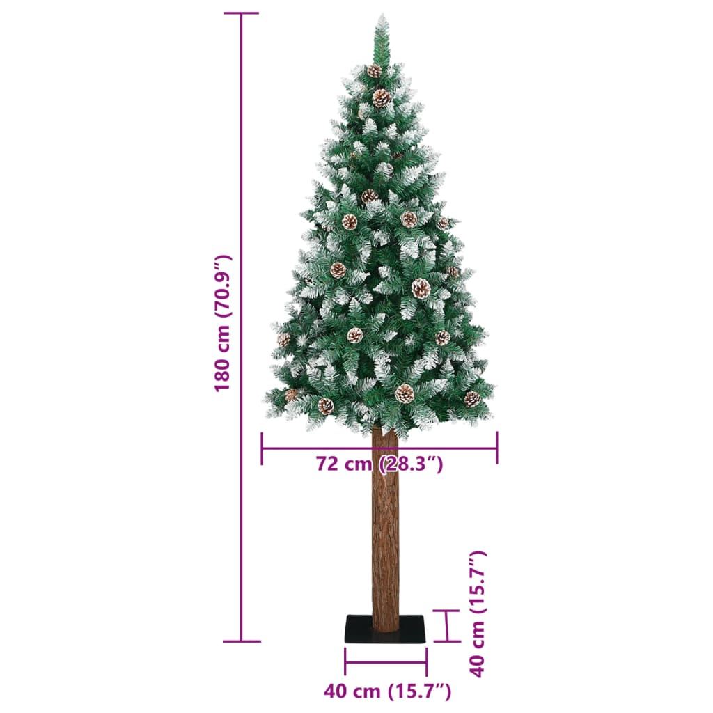 vidaXL Árbol de Navidad estrecho con madera real y nieve 180 cm verde